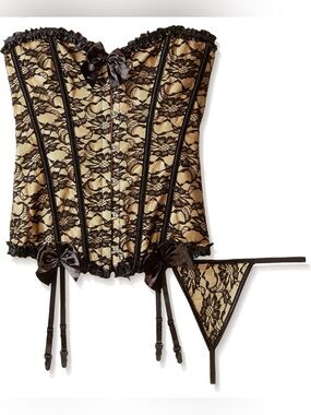 Music Legs Lace Corset Set | Black Nude Lace Up | Size L | NWOT